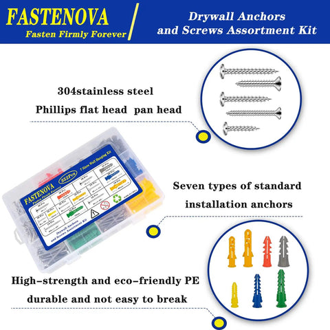 352 Piece Heavy Duty Drywall Anchors And Screws Kit with storage box and screw types highlighted