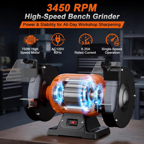 Ironclad 8 Inch Bench Grinder With A Beefy 750 Watt Motor Spinning At 3450 RPM For Sharpening Knives Chisels And Steel Stock Plus Adjustable Tool Rests And Splash Guards For The Garage with a powerful motor.