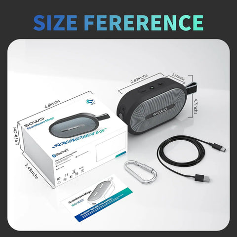 Wireless Portable Bluetooth Speaker With Deep Bass And Pro Sound IP67 Waterproof 24 Hour Playtime Magnetic Clip On Hang Design shown with packaging and accessories