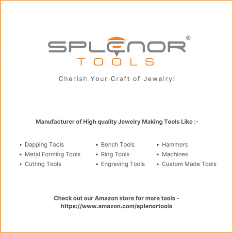 Brand logo for Splenor Tools with a list of jewelry making tools available, including dapping and cutting tools, and online store link.