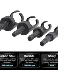 Tough As Nails Wood Plug Cutter Drill Bit Set Featuring Four Slick Cutting Heads And One Quarter Inch Hex Shank For Fast Clean Dowel Holes In Hardwood Or Plywood Carpentry Jobs, showing four carbon steel heads.