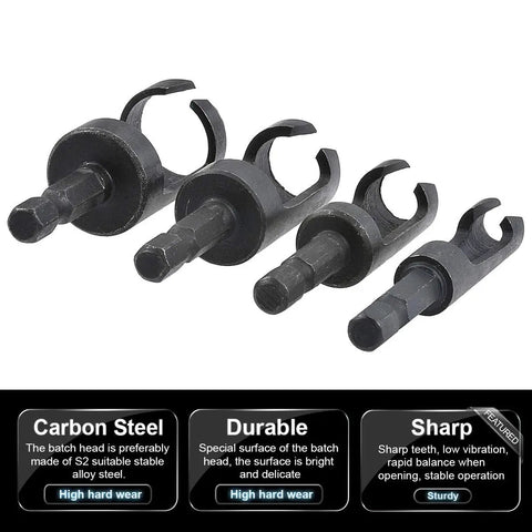 Tough As Nails Wood Plug Cutter Drill Bit Set Featuring Four Slick Cutting Heads And One Quarter Inch Hex Shank For Fast Clean Dowel Holes In Hardwood Or Plywood Carpentry Jobs, showing four carbon steel heads.