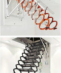 Top Shelf Electric Attic Ladder With Wireless Remote Control No Sweat Operation Smooth Retracting Foldaway Loft Stair in orange and black.