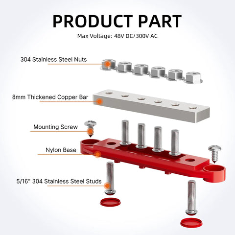 Beefy 400A 12V Bus Bar Power Distribution Block With Six Terminal Studs Sized For Standard Five Sixteenth Inch Bolts M8 For Boat RV Automotive And Solar Systems Positive And Negative Marine Electrical Terminal Block, exploded view