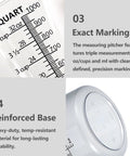 Food Grade Plastic Measuring Pitcher 32 Oz Four Cup With Handle For Liquid Mixing Oils Pool And Lawn Chemicals Dilution Soap Brewing And Kitchen Or Commercial Use Clear Durable Pro Grade For Tough Jobs - close-up of measurement markings and base