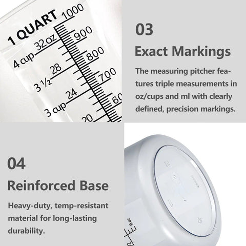 Food Grade Plastic Measuring Pitcher 32 Oz Four Cup With Handle For Liquid Mixing Oils Pool And Lawn Chemicals Dilution Soap Brewing And Kitchen Or Commercial Use Clear Durable Pro Grade For Tough Jobs - close-up of measurement markings and base