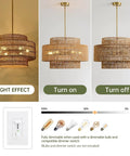 Large Handwoven Rattan Chandelier For Dining Room Boho Chic Pendant Light With Gold Plated Cylinder Rod Casting Dreamy Shadows on wall.