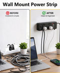 Heavy Duty Metal Power Strip Featuring Six Hella Durable Outlets And Big Time 3000 Joule Surge Protection For Computers Tools And Home Gear Along With A Smooth Six Foot Black Cord shown mounted on wall, before and after comparison of organization.