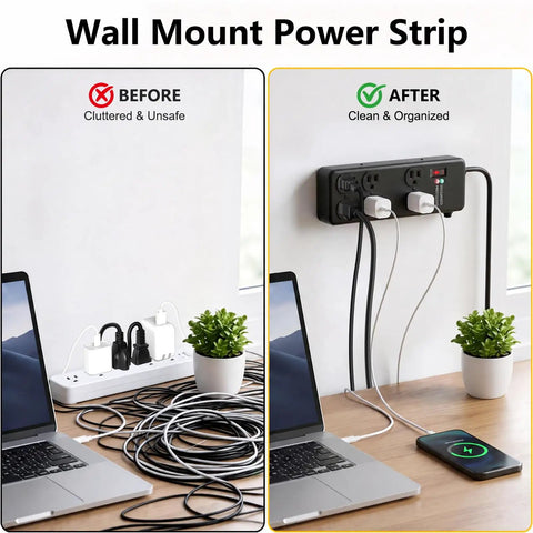 Heavy Duty Metal Power Strip Featuring Six Hella Durable Outlets And Big Time 3000 Joule Surge Protection For Computers Tools And Home Gear Along With A Smooth Six Foot Black Cord shown mounted on wall, before and after comparison of organization.