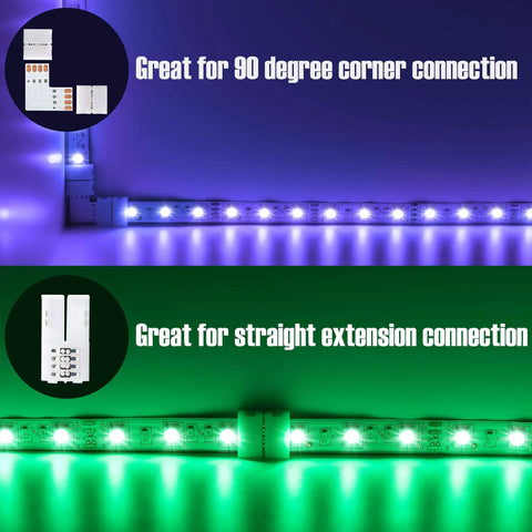L Shape 4 Pin LED Connector Kit With 22 Clips For 10mm Strip Lights in corner and straight connection setups