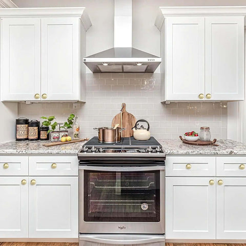 Modern kitchen with Two Pack Brushed Gold Cabinet Knobs 1-1/2 Inch Zinc Alloy With Installation Screws For Kitchen Bathroom And Bedroom Furniture Bifold Closet Door Knobs No-Fuss Easy Install And Durable Hardware on white cabinets.