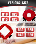 Router Corner Radius Template Set for Woodworking showing R10 to R50 templates in red aluminum with guide pins.
