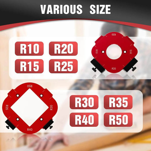 Router Corner Radius Template Set for Woodworking showing R10 to R50 templates in red aluminum with guide pins.