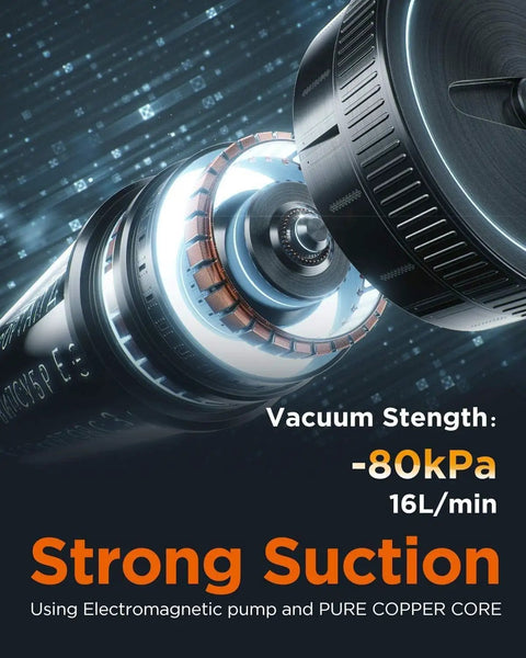 Powerful Vacuum Sealer Machine With 80kPa Suction, electromagnetic pump, copper core, displaying suction strength.