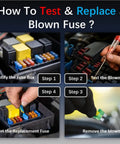 Steps to test and replace a blown fuse using 120Pcs Car Fuse Kit With Tester And Puller Dope Mini Blade Fuses Assortment Set 12V.