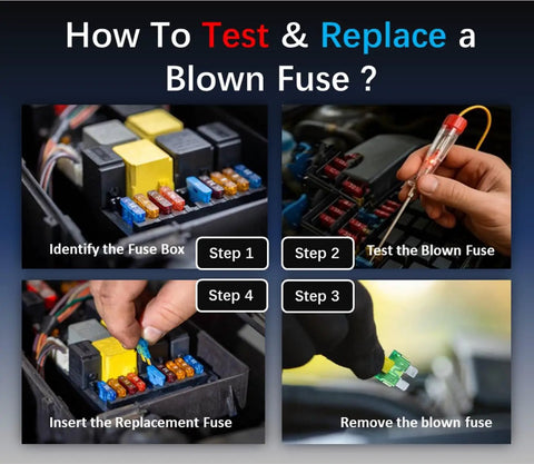 Steps to test and replace a blown fuse using 120Pcs Car Fuse Kit With Tester And Puller Dope Mini Blade Fuses Assortment Set 12V.