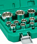 Ultimate 12 Point Socket Set With Power Drill Adapter For Tough Auto Jobs Includes Hard Case To Keep Tools Organized And Ready For Any Heavy Duty Repair Or Restoration Shred Project, green case