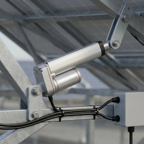 Built Like A Tank 12V Linear Actuator With Self Locking Motor And Mounting Bracket Delivers 1500N Push 1200N Pull Force on solar panel setup.