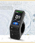 Mini Color TFT LCD Display For E Bike With Waterproof Connector showing speed and time; waterproof design; raindrop background