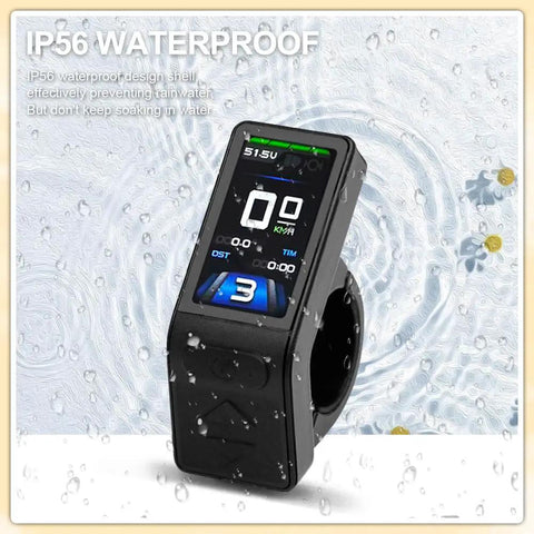 Mini Color TFT LCD Display For E Bike With Waterproof Connector showing speed and time; waterproof design; raindrop background