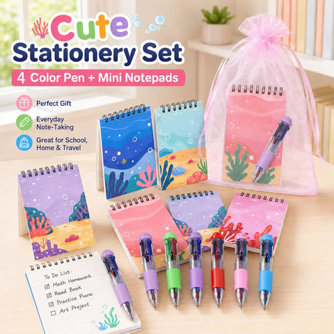 Bulk Stationery Gift Set With 24 Four In One Retractable Pens Multi Color Inks 24 Mini Notebooks And 24 Organza Bags