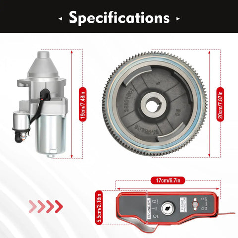 Honda GX340 GX390 Electric Start Kit with flywheel, motor, and key switch dimensions shown in centimeters and inches.