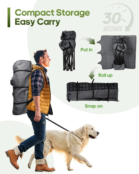 Oversized Double Camping Chair Padded Loveseat With Cup Holders For Two Adults in carry bag on man's back with dog