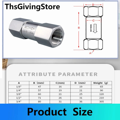 Front view: stainless steel G-thread check valve, 304 SS, one-way non-return valve.