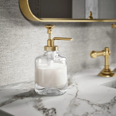 Artifacts Soap Dispenser Assembly For Kitchen And Bath, Heavy Duty Metal Build With Glass Reservoir on marble countertop