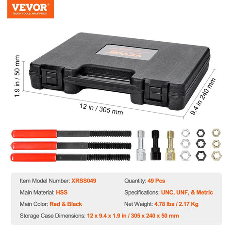 VEVOR 49-piece thread chaser set in plastic storage case with red-handled taps and dies for UNC/UNF/metric threads