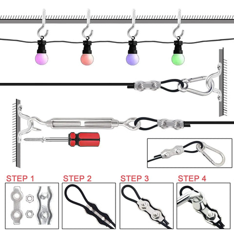 Ultimate 250ft Globe String Light Suspension Kit with DIY installation steps and stainless steel components for outdoors.