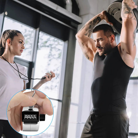 Real Deal Heavy Duty Two Pack Metal Tally Clickers In Bright Silver With Smooth Mechanical Action And Snappy Reset Lever For Super Accurate Zero To Nine Thousand Tracking On The Go in use during a workout.