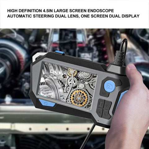 Dual Lens HD Inspection Camera With Bright 4.5 Inch Screen showing gears in engine, hand-held design for mechanical inspection.