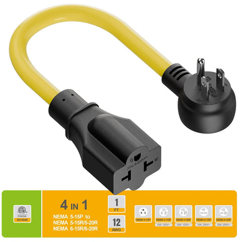 Heavy Duty Four In One NEMA Adapter Cord 12AWG For 5 15P To 5 15R 5 20R 6 15R 6 20R Indoor Outdoor SJTW Extension Cable 15A 125V Yellow