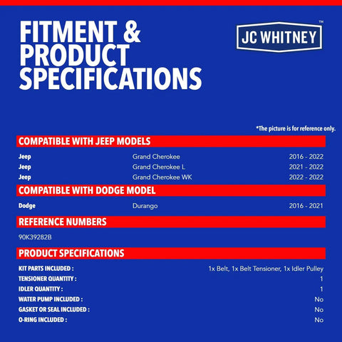 Serpentine Drive Belt Kit For 3.6L Jeep Grand Cherokee 2016-2022 fitment specifications JC Whitney