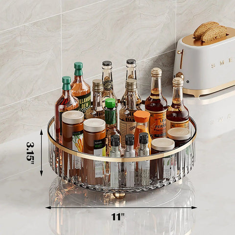 Clear Lazy Susan Turntable Organizer For Kitchen And Pantry, 11 Inch Rotating Storage Rack with bottles on countertop