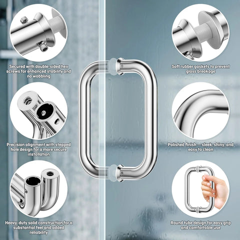 Polished Chrome 6-Inch Tubular Back-To-Back Shower Door Handle for Glass and Wood or Metal Doors showcasing features