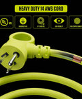 Close-up of 14AWG heavy duty cord showing plug and copper conductors for 3 Foot Retractable Cord Reel With 4 Grounded Outlets, Safety Overload Breaker And Power Switch, 14AWG Cable, Portable On The Go Heavy Duty Extension Lead For Home, Garage, And Job Sites.