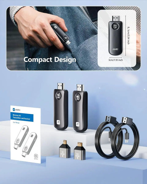 Wireless HDMI Transmitter And Receiver For Laptop To TV Or Monitor Or Projector, compact design, with cables and manual displayed
