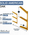 Premium Heavy Duty Solid American Oak Snowboard Wall Rack diagram showing dimensions and features for garage or man cave flex display.