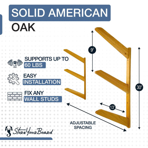 Premium Heavy Duty Solid American Oak Snowboard Wall Rack diagram showing dimensions and features for garage or man cave flex display.
