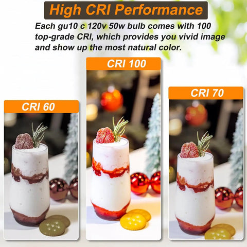 Comparison of dessert colors under different CRI values; CRI 60, CRI 70, CRI 100 with GU10 Halogen Bulb Dimmable 50W 120V Warm White 2800K.