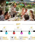 Multicolor Outdoor String Lights 25 Feet With 27 LED Bulbs Waterproof Patio Decor For Christmas Parties And Backyard Vibes lighting up a festive outdoor dinner party scene.