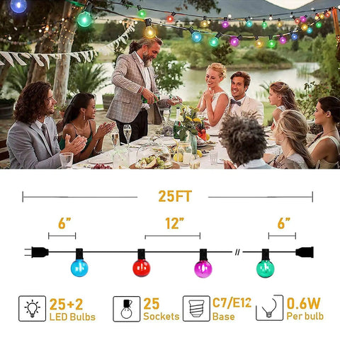 Multicolor Outdoor String Lights 25 Feet With 27 LED Bulbs Waterproof Patio Decor For Christmas Parties And Backyard Vibes lighting up a festive outdoor dinner party scene.