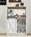 White Farmhouse Coffee Bar Cabinet With Hutch Sliding Barn Door 31 Inch Buffet With Six Mug Hooks And Adjustable Shelves