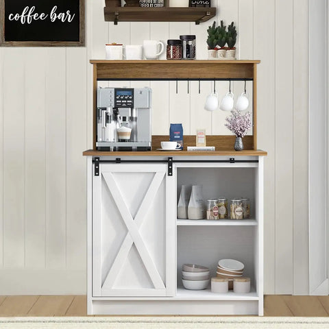 White Farmhouse Coffee Bar Cabinet With Hutch Sliding Barn Door 31 Inch Buffet With Six Mug Hooks And Adjustable Shelves