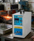 Rock Solid High Frequency Induction Heating Machine 15KW Metal Furnace on workshop table with water cooling and metal heating area.