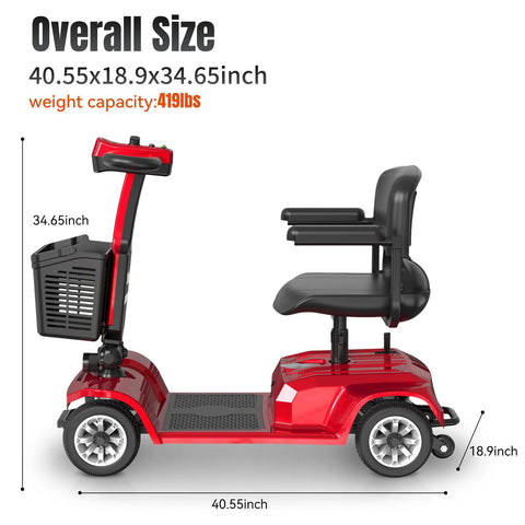 Movcan X-02 four-wheel red mobility scooter with front basket and black seat, 419 lb capacity.