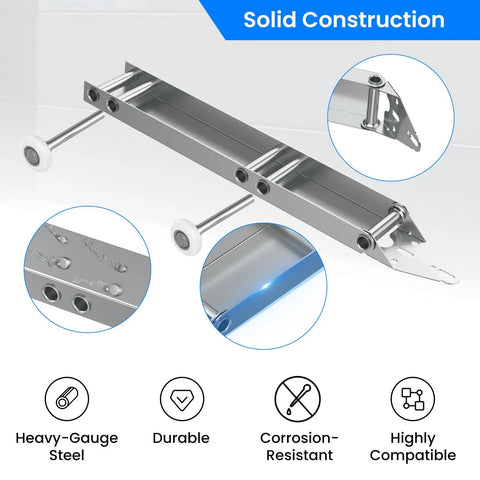 Heavy Duty Garage Door Top Fixture Brackets With Four Nylon Rollers For Low Headroom Garages Ultra Quiet Operation Rust Resistant Steel Hardware Reinforced Packaging For Safer Shipping