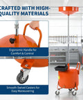 Upgrade Your Shop With This Tough 8 Gallon Waste Oil Drain Tank Featuring An Adjustable Funnel, Portable Air Operated Drainer For Fluid Transfer, Heavy Duty Rust Proof Steel Build With Wheels And Toolbox Storage, showing ergonomic handle and smooth swivel casters.